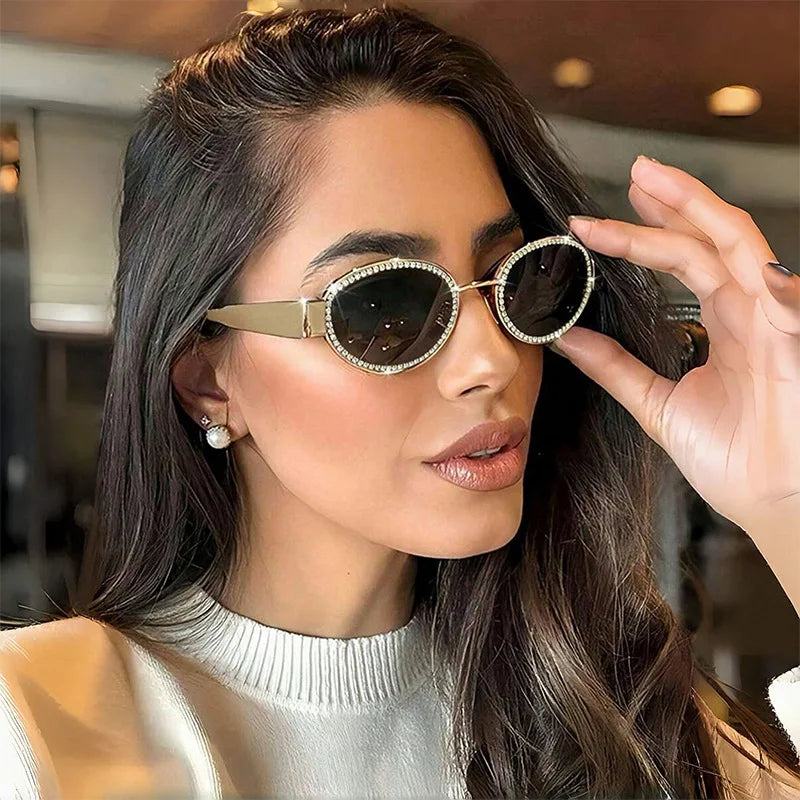 High End Simple Diamond studded Sunglasses Ladies Oval Metal Frame Sunglasses Coffee Brown Lens Fashion Designer Y2k Sunglasses