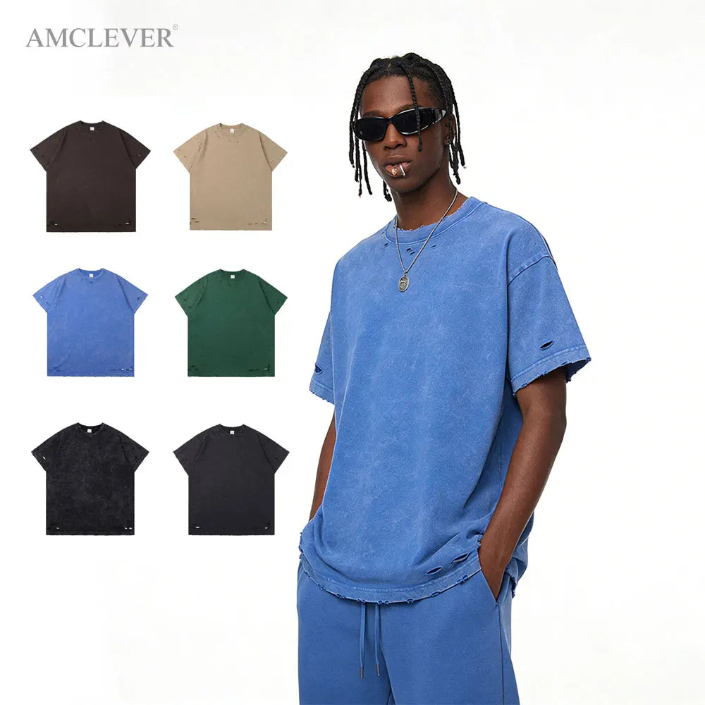 Vintage Casual Distressed Tee 100% Cotton Heavyweight Streetwear Oversize Ripped Men's Short Sleeve T-shirt