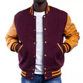 Two Tone Winter Varsity Jacket Maroon and Yellow Wool/Viscose Sleeves Rib Cuff Baseball Style Letter Pattern Coat