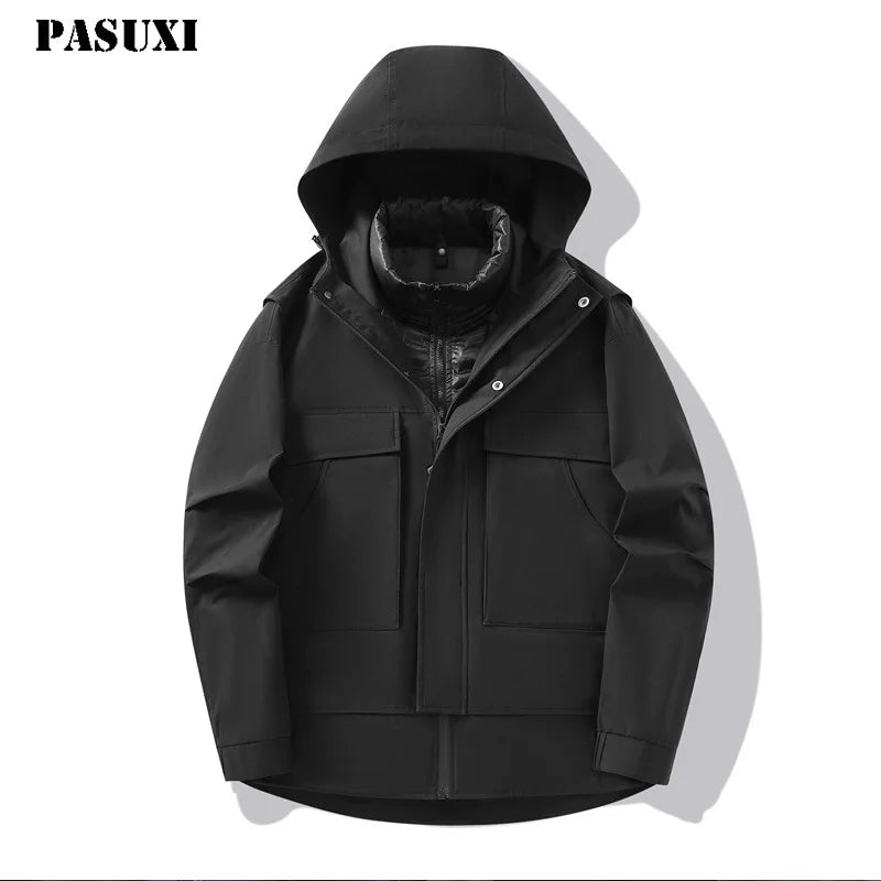 PASUXI Men's Outdoor Waterproof Soft Shell Hooded Tactical Jacket Black Hiking Camping Windbreaker Men's Jackets for Winter