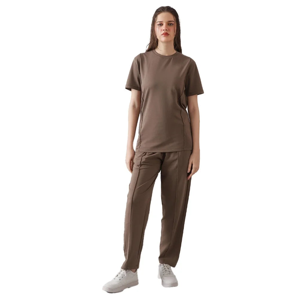 Brown Plain 2pc Set Women's Short Sleeve T-Shirt and Elastic Waist Pants Casual Streetwear wear Wholesale Custom Apparel