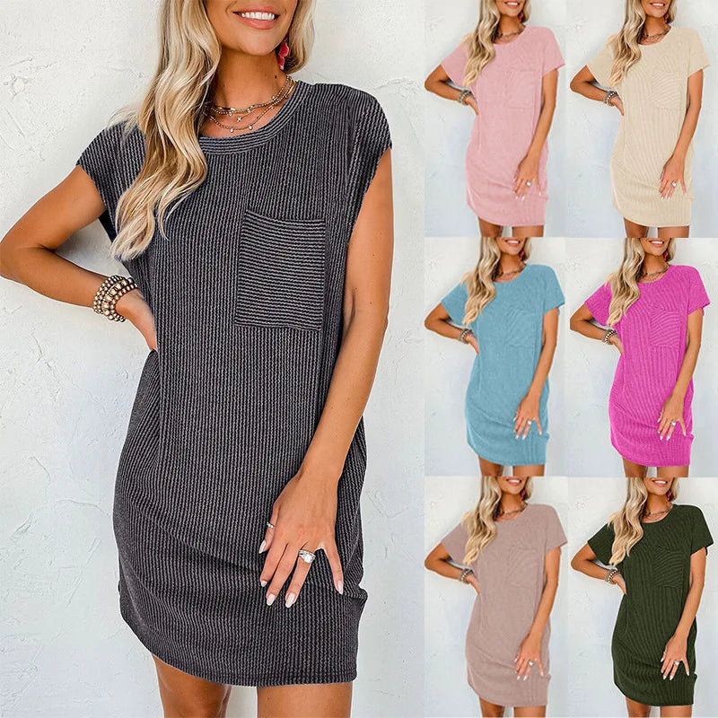 2025 New Women's Summer Casual Contrast-color Wave Striped Short-sleeve Pocket Dress Elegant Dresses for Women