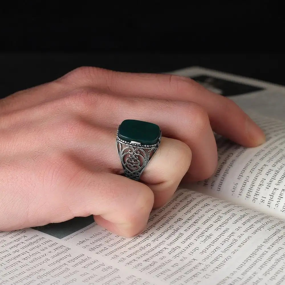 Azuris Turkish 925 Sterling Silver Men's Ring Ottoman Style Fashion Jewelry Natural Stone Black Color Handmade VALKH1362