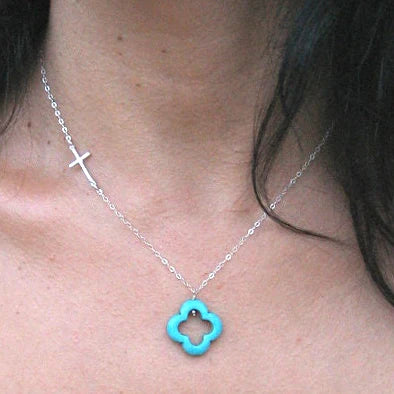 Turquoise 14k Four Leaf Clover Necklace 925 Sterling Silver 18k Gold Plated Sideways Cross Necklace Women