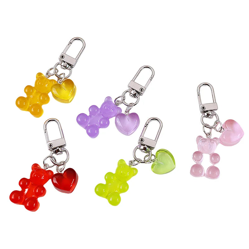 HOT Candy Color Gummy Bear Keychain for Women Cute Resin Bear Charm Kawaii Gummy Heart Teddy Bear Keychain Fashion Jewelry