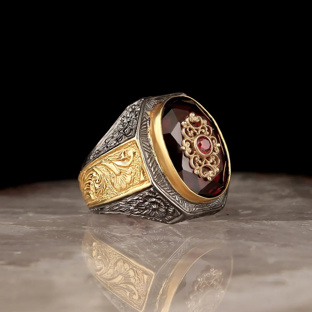 Wholesale 925 Sterling Ottoman Style Men's Ring. Rhodium and Gold Bi-color Made in Turkey Model RCEGYT-145