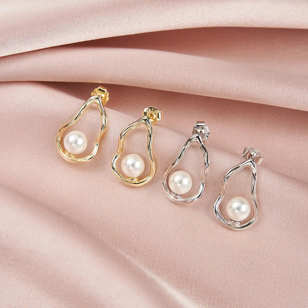 RINNTIN PSE02 925 Sterling Silver Water Drop White Pearl Stud Earrings Geometric Hollow Fashionable Women's Jewelry