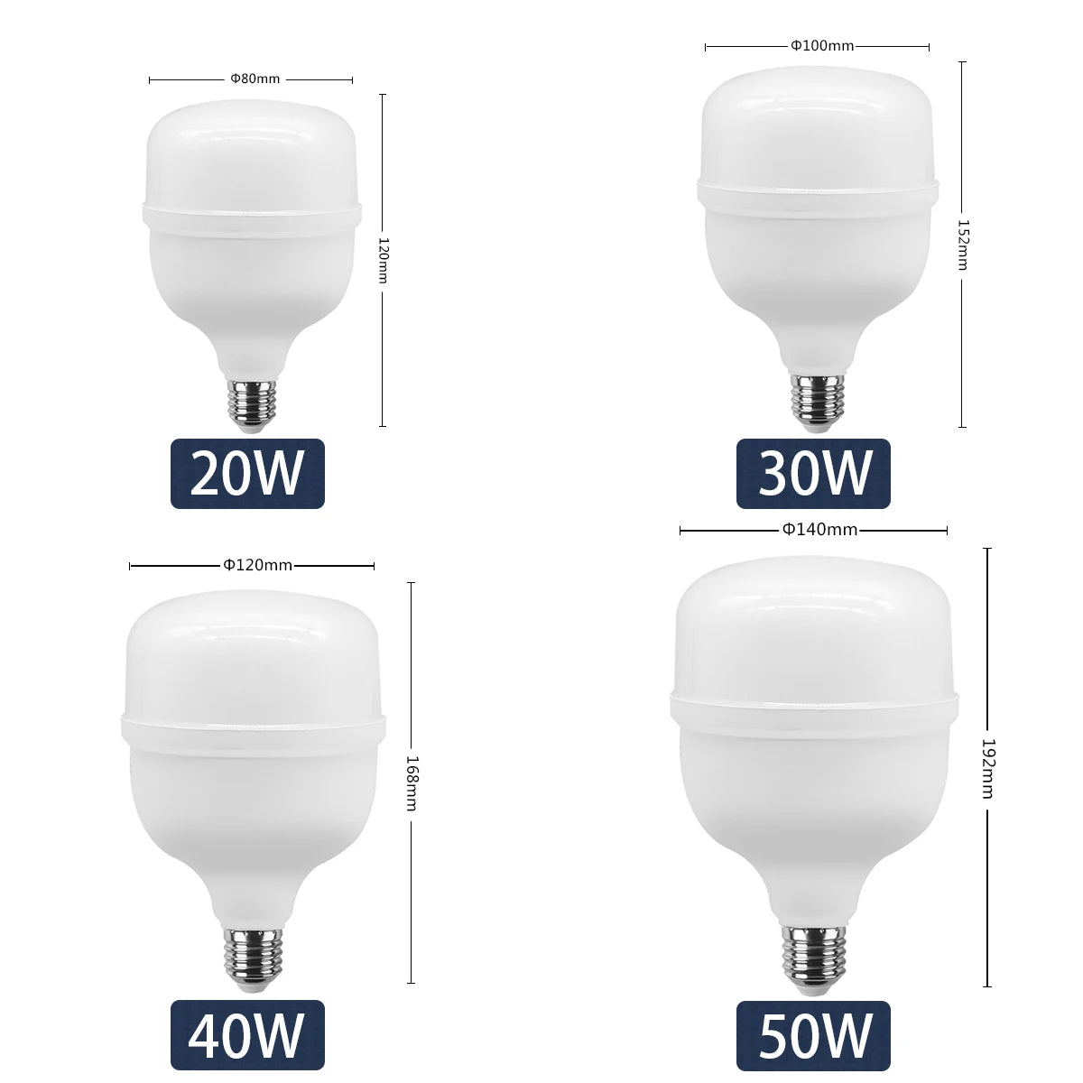 Modern Design LED T Light T80/T100/T120/T140 20W-50W 100LM/W IC Driver AC100-240V E27 IP20 Plastic Body Lamp for Warehouse Use