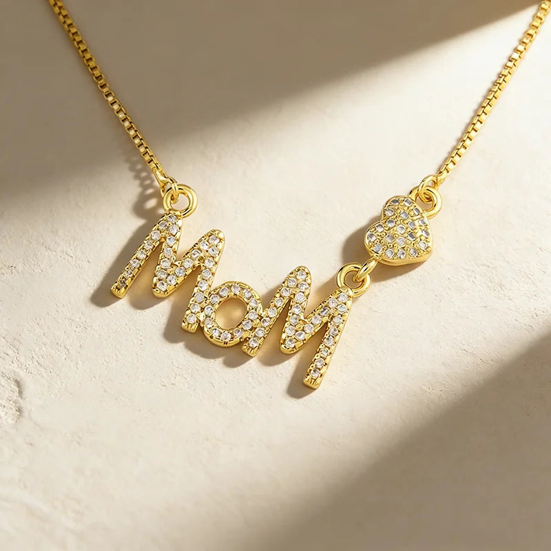 QIKU Letter Mom Pendant Women Necklace Gold Color Copper Zircon Jewelry Accessories Mother's Day Gift Wholesale Dropshipping