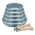 Set of 5 frying pans 18/20/22/24/26cm in pressed aluminum green + 2 removable Click&Cook handles by Bergner
