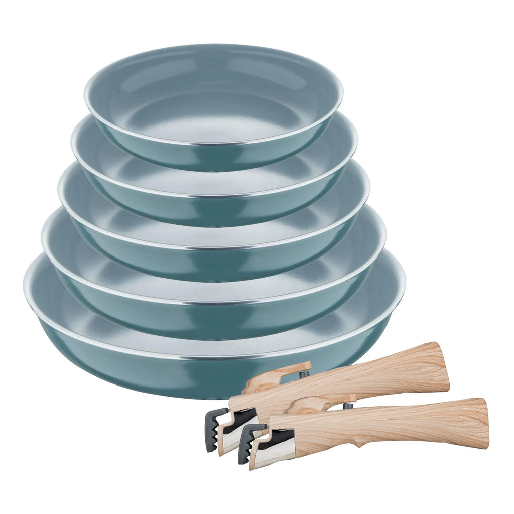 Set of 5 frying pans 18/20/22/24/26cm in pressed aluminum green + 2 removable Click&Cook handles by Bergner