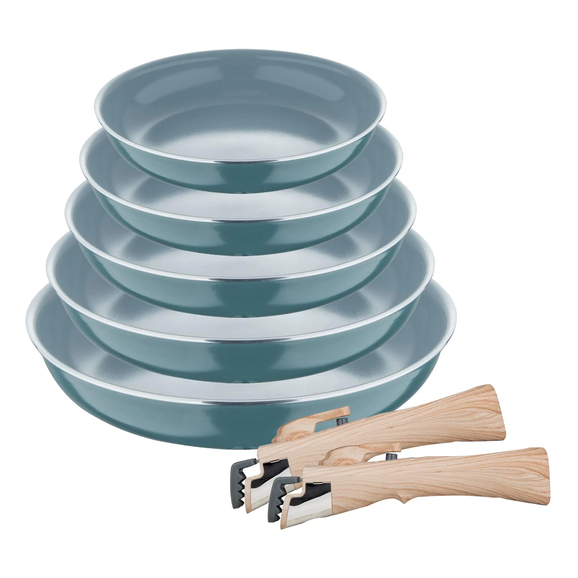 Set of 5 frying pans 18/20/22/24/26cm in pressed aluminum green + 2 removable Click&Cook handles by Bergner