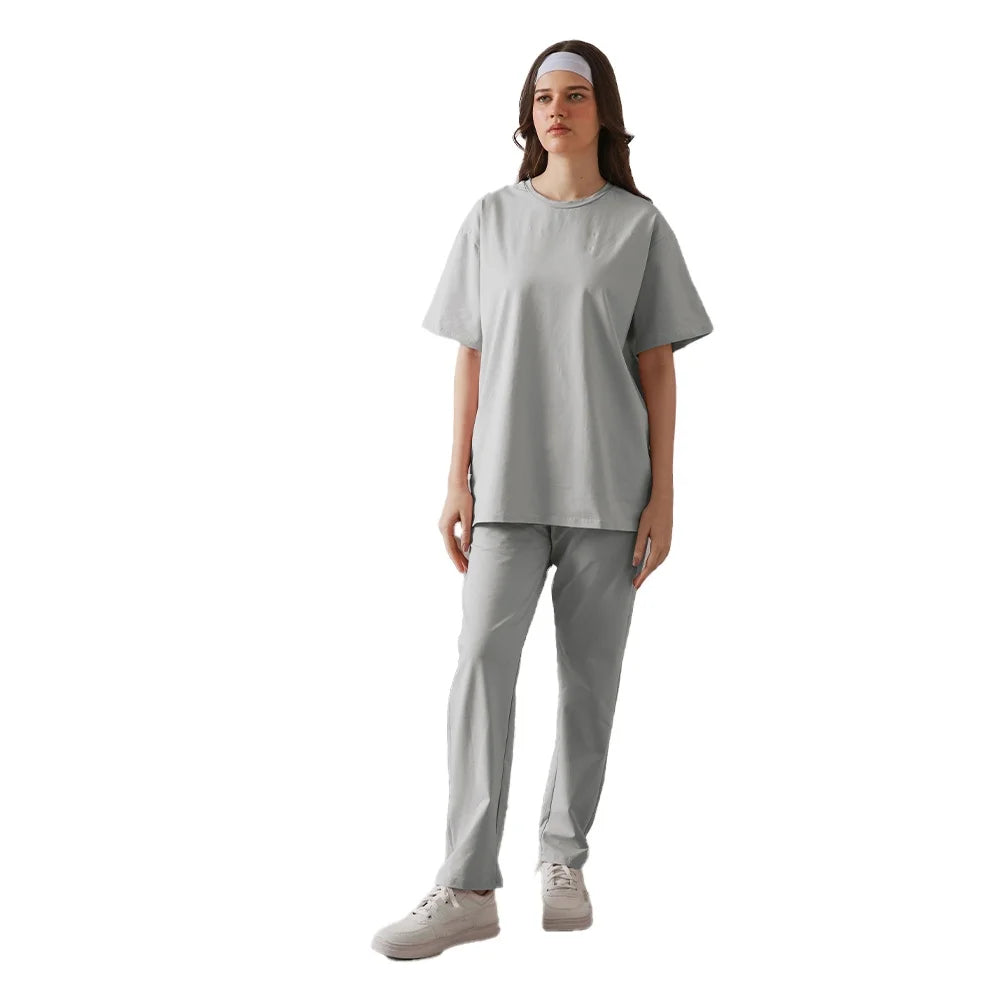 Light Grey Plain Oversized Tee and Straight Pants Two Piece Custom Women's Minimalist Matching Set Everyday wear Outfit