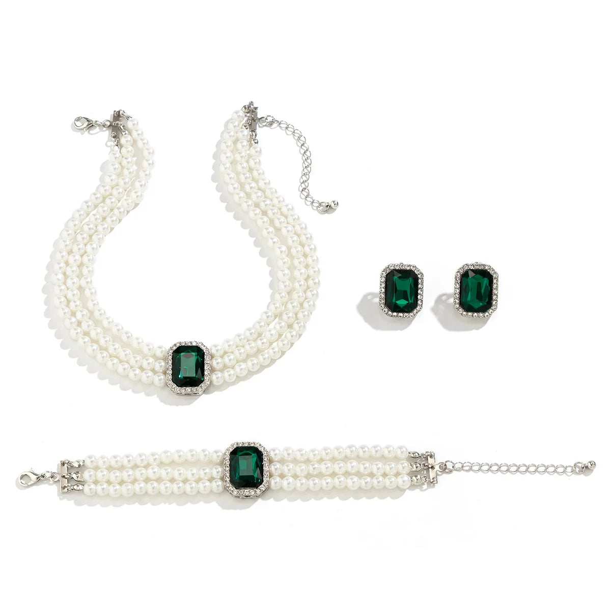 Light Luxury Short Imitation Pearl Choker square  Chain Bracelet Earrings Set Elegant Fashion Banquet Wedding