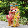 Solar Powered Tiki Statue with Flamingo & "WELCOME" Sign LED Glowing Eyes for Tropical Outdoor Party Garden Decor