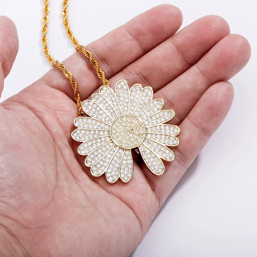 Little Daisy Pendant Iced Out Cubic Zirconia Hip Hop Fashion Jewelry Men Women Bling Sun Flower Charm Necklaces With Rope Chain