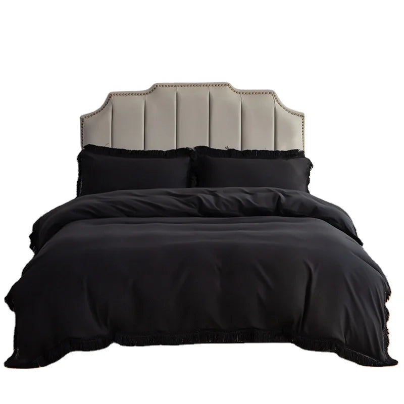 European and American Style Three-Piece Bedding Set Solid Color Simple Tassel Lace Polyester Quilt Cover 100% Polyester Fabric