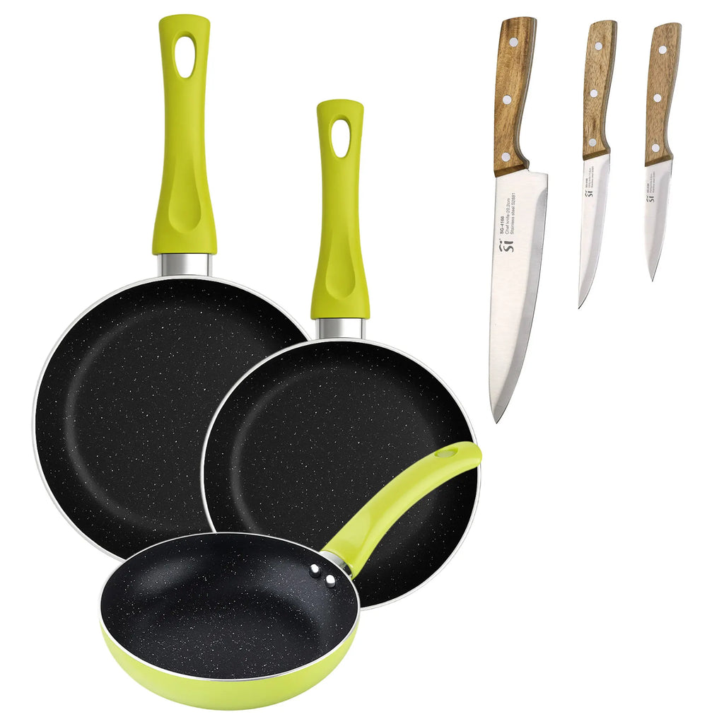 Set of 3 San Ignacio frying pans (20+24+28cm) green pressed aluminum + Set of 3 stainless steel kitchen knives
