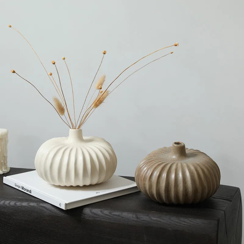 Nordic Minimalist Ceramic Vase Pumpkin Design Matte Decorative Flower Holder