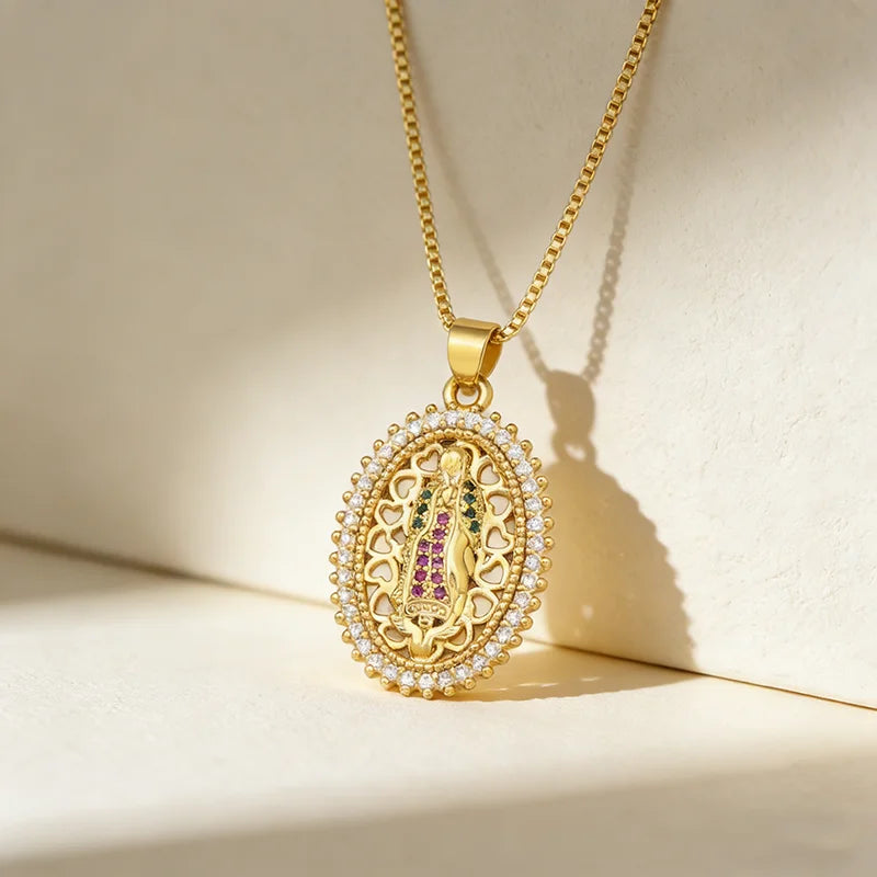 QIKU Catholicism Our Lady of Guadalupe Pendant Women Copper Zircon Necklace Gold Color Jewelry Gift Accessories Dropshipping