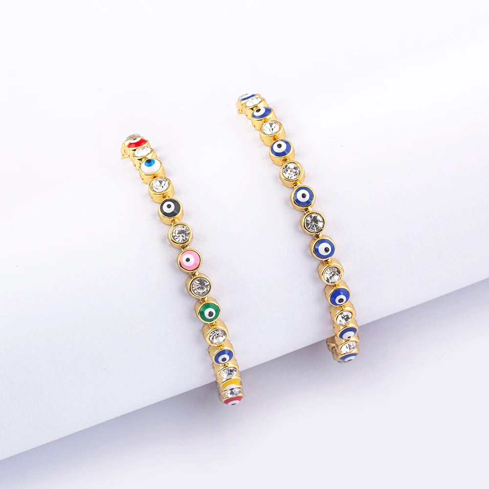 QIKU Wholesale Punk Colorful Eye Gold Plated Chain Bracelet Cubic Zircon Beauty Wristband Tennis Bracelet Jewelry