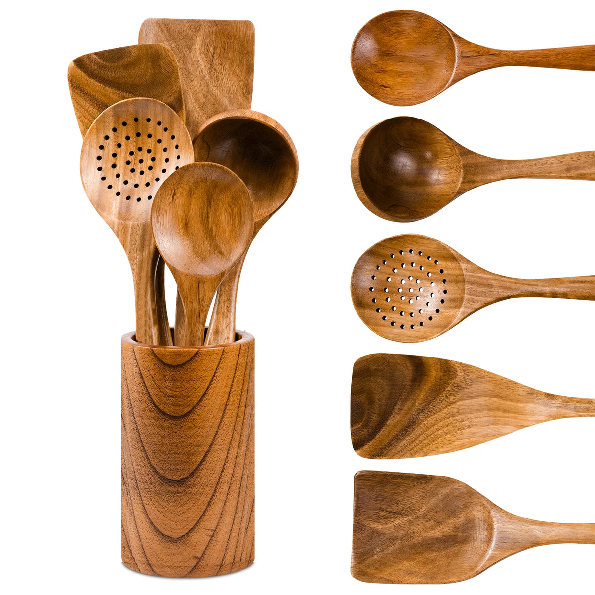 In Stock Wholesale Teak Wooden Cooking Utensils Set Kitchen Spatula Spoon Salad Fork Non-Stick BPA Free Eco. MegaBDM