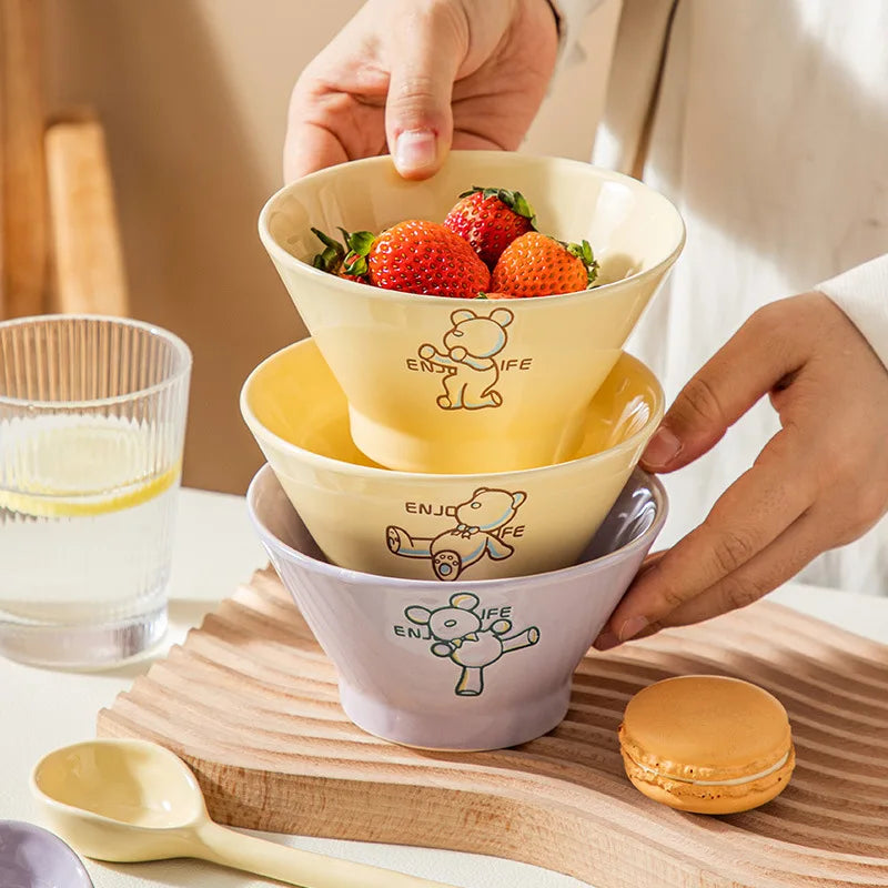Hand Painted Ceramic Bowl Cartoon Bear Design Porcelain Soup Bowl Wholesale OEM Factory