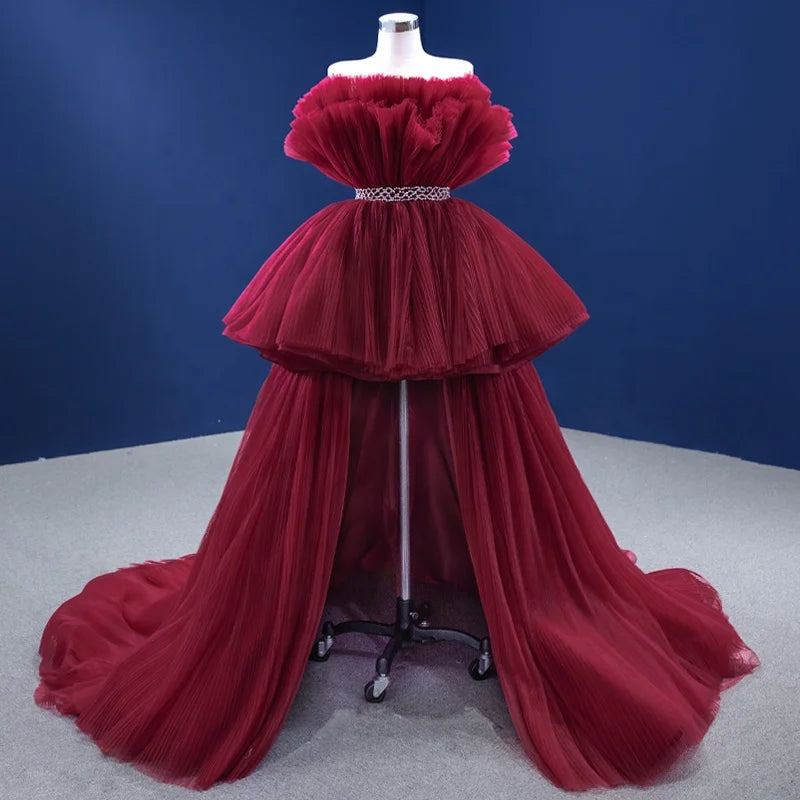 Jancember 222141 Vintage Simple Red Short Ruched Prom Evening Dress With Long Tail