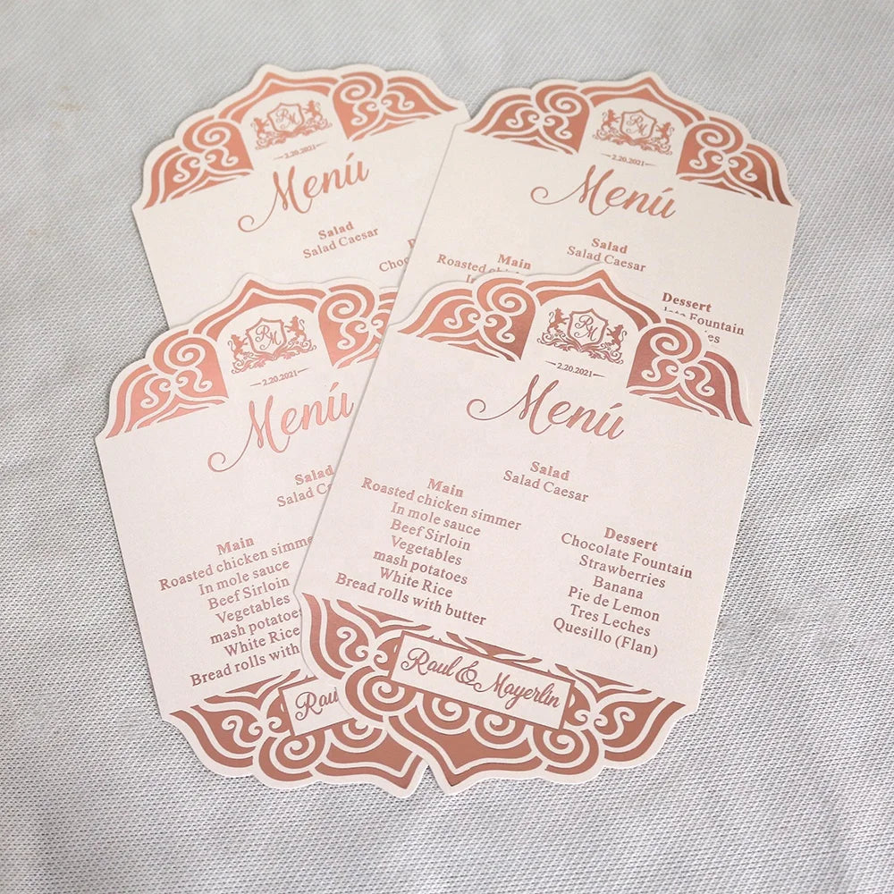 Wholesale Luxury Rose Gold Foil Stamping Text DIY Paper Menus for Wedding Restaurant Foods Music Angel Wedding Party Menu Cards