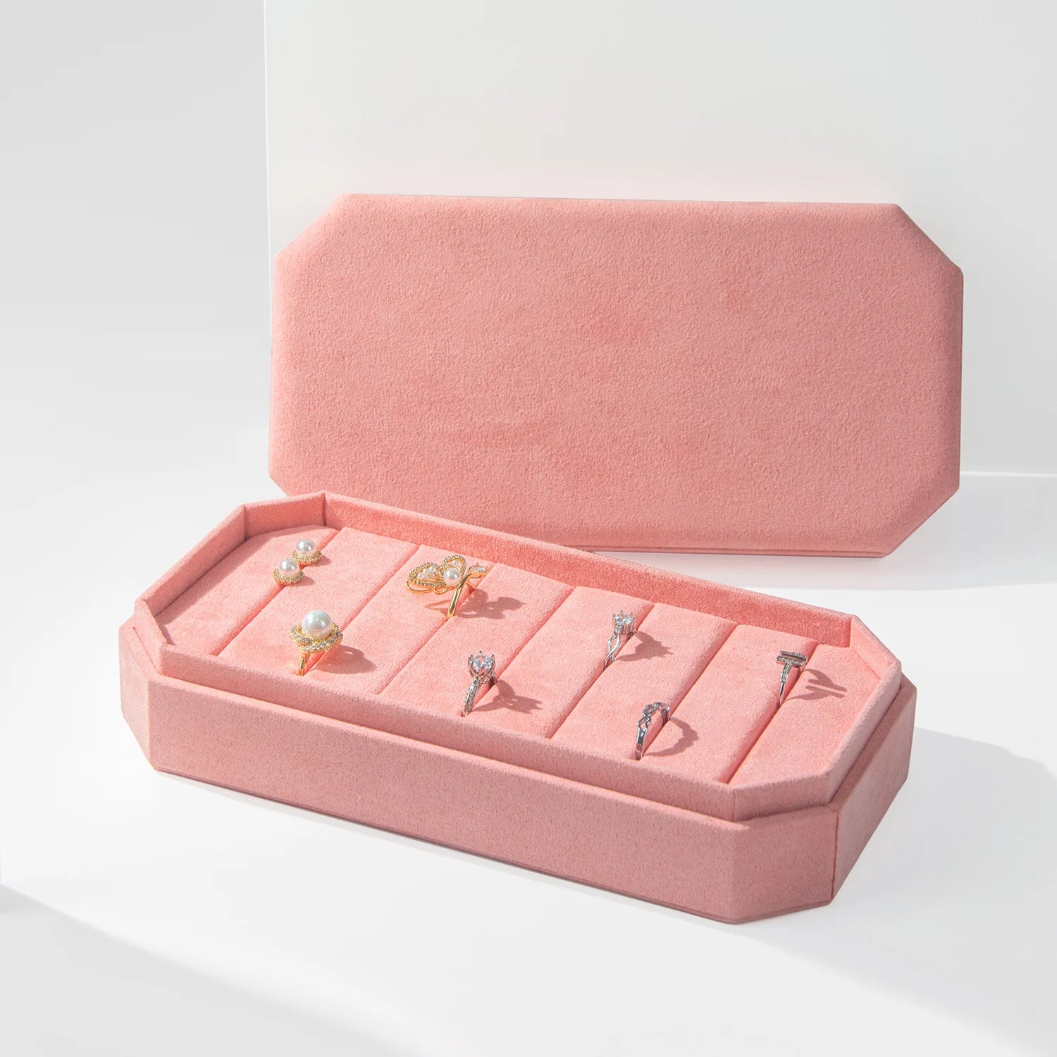 FORTE Octagonal pink Velvet Ring Storage Multi-color Custom logo Jewelry Display Ring Tray Jewelry Box with Lid
