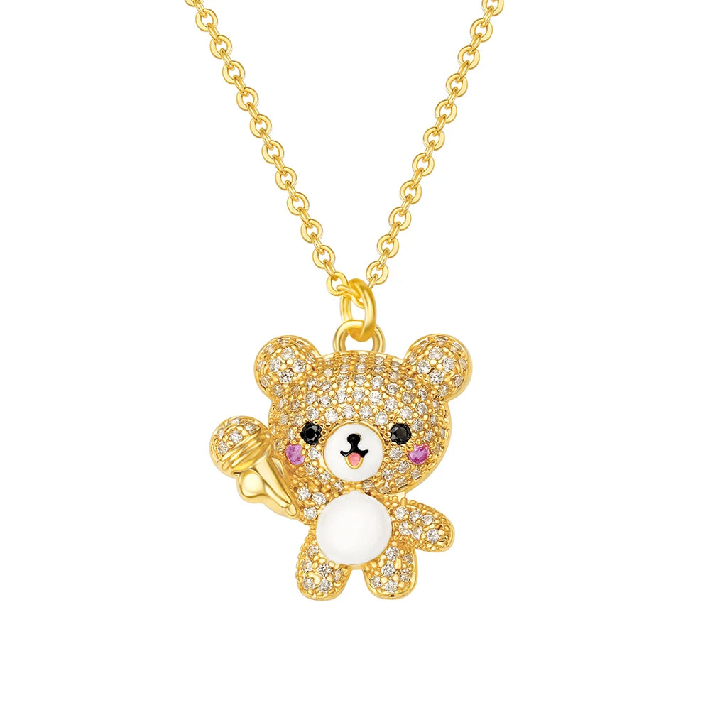 Girls Chain 925 Sterling Silver Jewelry Vermeil 18k Gold Plated Luck Bear Singing with Microphone Karaoke Fine Pendant Necklaces