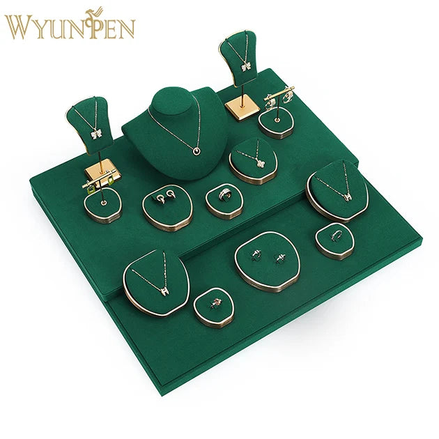 WYP Wholesale Green Microfiber Jewelry Display Set Luxury Earring Holders & Multi-Tier Necklace Stands