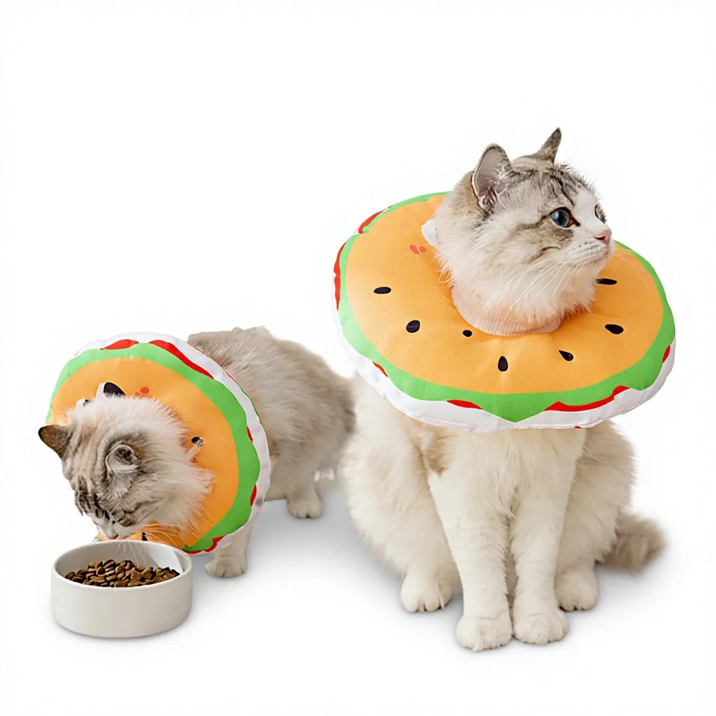 Cute Hamburger-Shaped Cat Cone Collar Elizabeth Pet Anti-Bite Cat Headgear Adjustable Anti-Lick Recovery Cone Collar for Cats