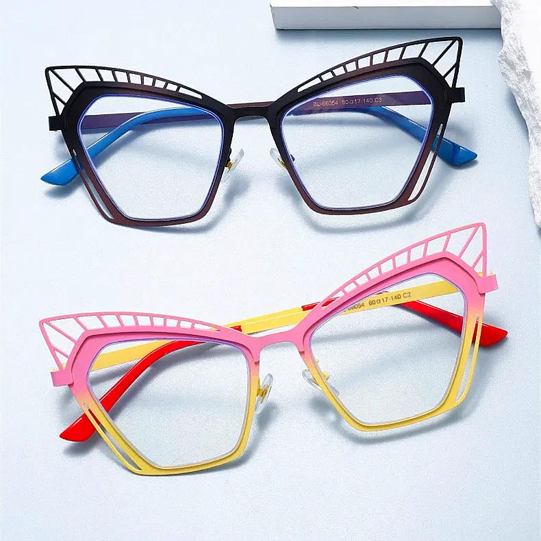 Custom Logo 2025 Fashion Vintage Colorful Metal Anti Blue Light Computer Glasses UV400 Hollow Big Frame Women Eyeglasses
