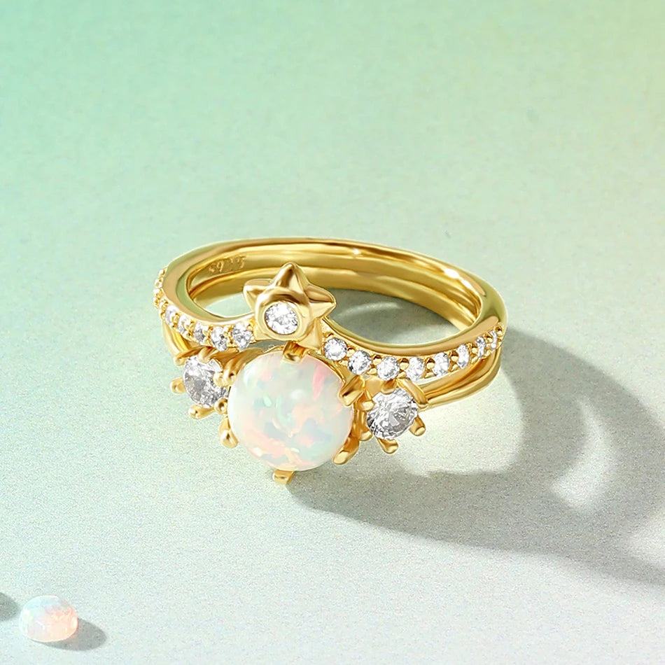 Nagosa Fine Women Jewelry Set 18k Gold Vermeil 925 Sterling Silver Round Cubic Zirconia Opal Engagement Rings