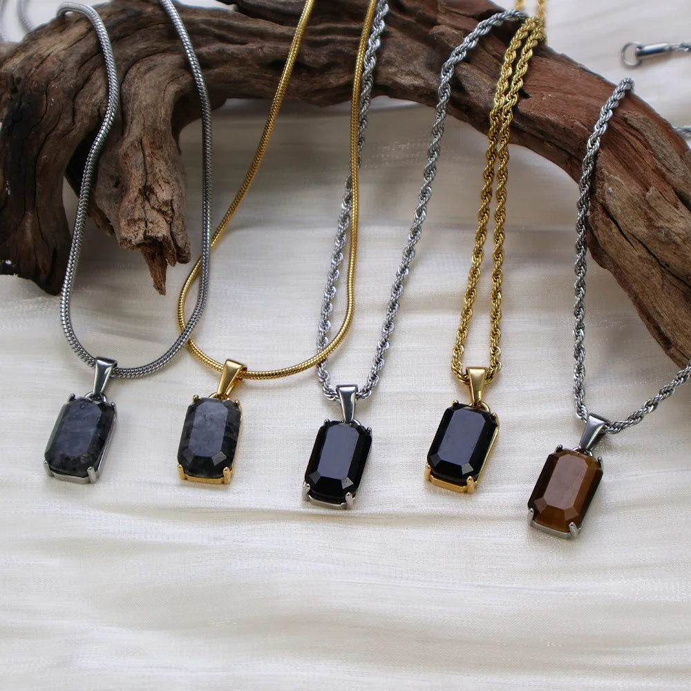 Wholesale Custom Necklace 18K Gold Jewelry Gemstone Natural Stone Tiger Eye Black Onyx Stone Natural Stone Necklace for Mem