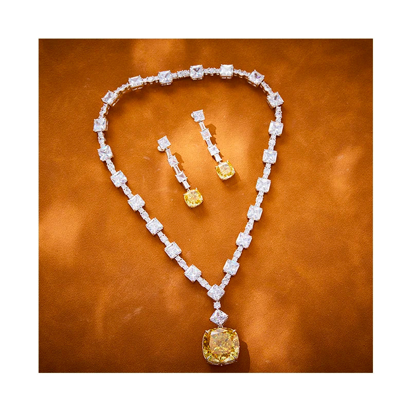 Luxury Sparkling Radiant Cut Big Square 5A Quality Yellow Pink Zirconia Pendant Tennis Chain Necklace Earrings Jewelry Sets