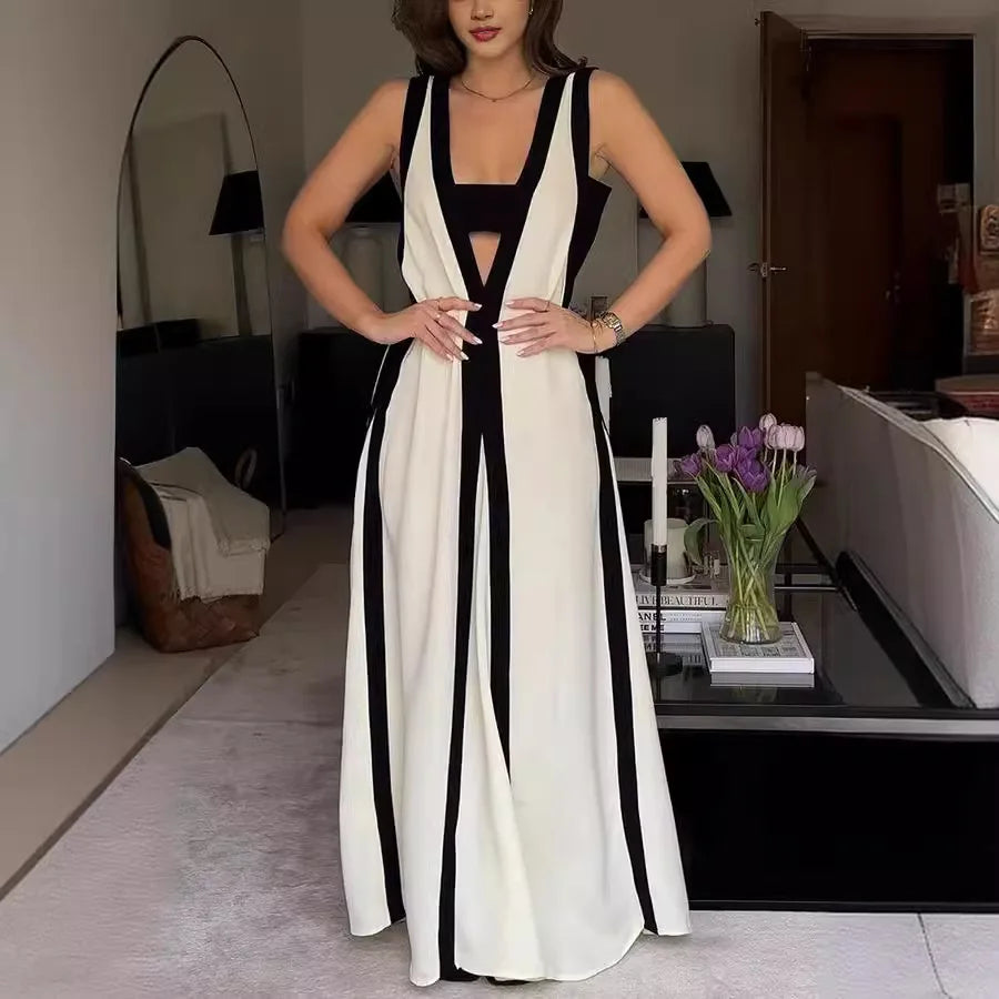 2025 New European and American Sexy Reversible V-neck Color-blocking Casual Dress Elegant Dresses for Women