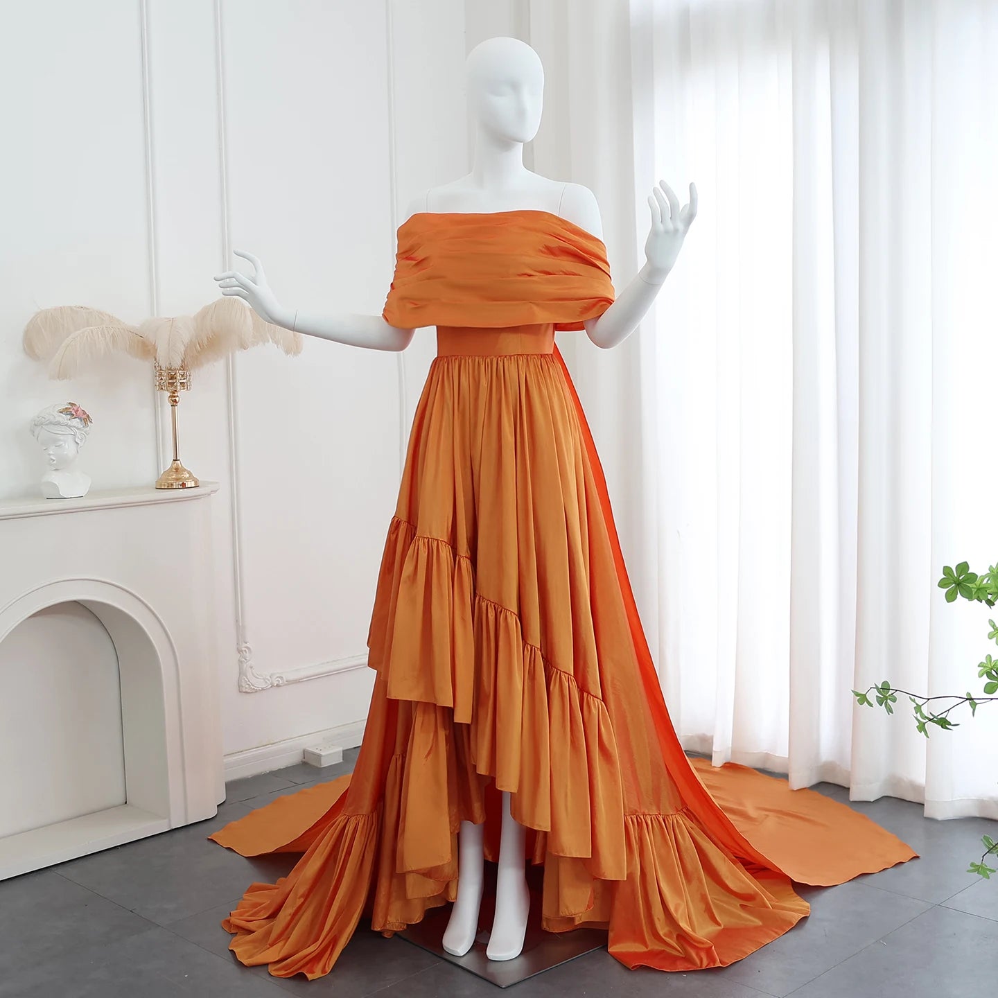 Jancember SF020 Elegant Dubai Orange Off Shoulder Asymmetric Evening Prom Dresses