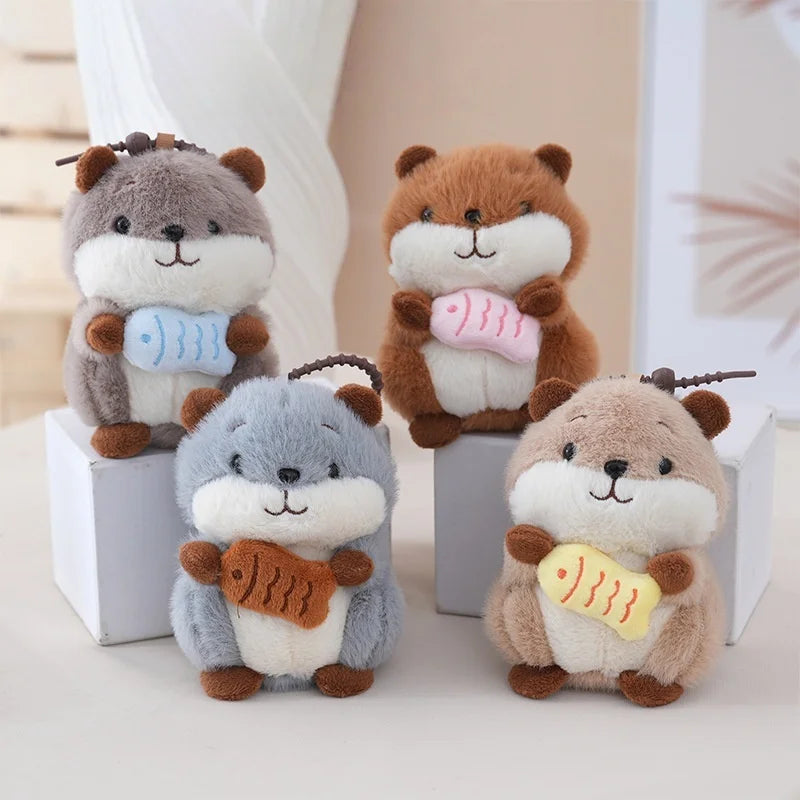 HOT Plushie Little Hamster Holding Fish Keychain Charms Plushy Peluches Dolls Cartoon Mouse Hamster Stuffed Plush Toy Keychain