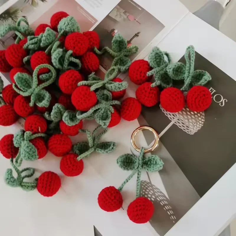 Handmade Custom Knit Fruit Cherry Key Chains Car Hanging Ornaments Crochet Cherry Plush Keychain Bag Charms Hanging Accessories
