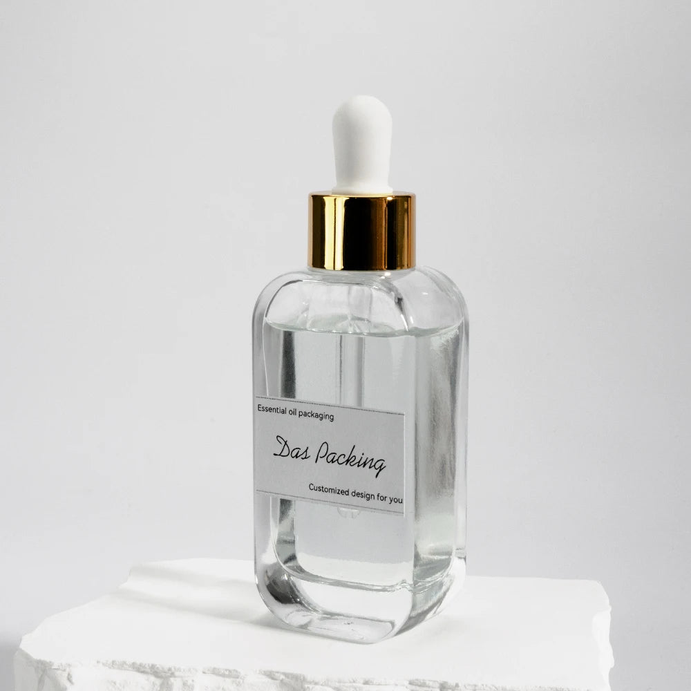 Custom Logo Luxury 30ml Oval Rounded Flat Skin Care Face Essential Oil Serum Glass Bottle with Dropper Cap Screen Printed