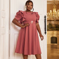 AM040736 Factory Wholesale O Neck a Line Big Flower Sleeve Casual Dresses with Belt