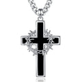 Silver Plated Vintage Oxidized Crown of Thorns Cross Pendant Obsidian-Inserts Christian Spiritual Religious Gift Jewelry