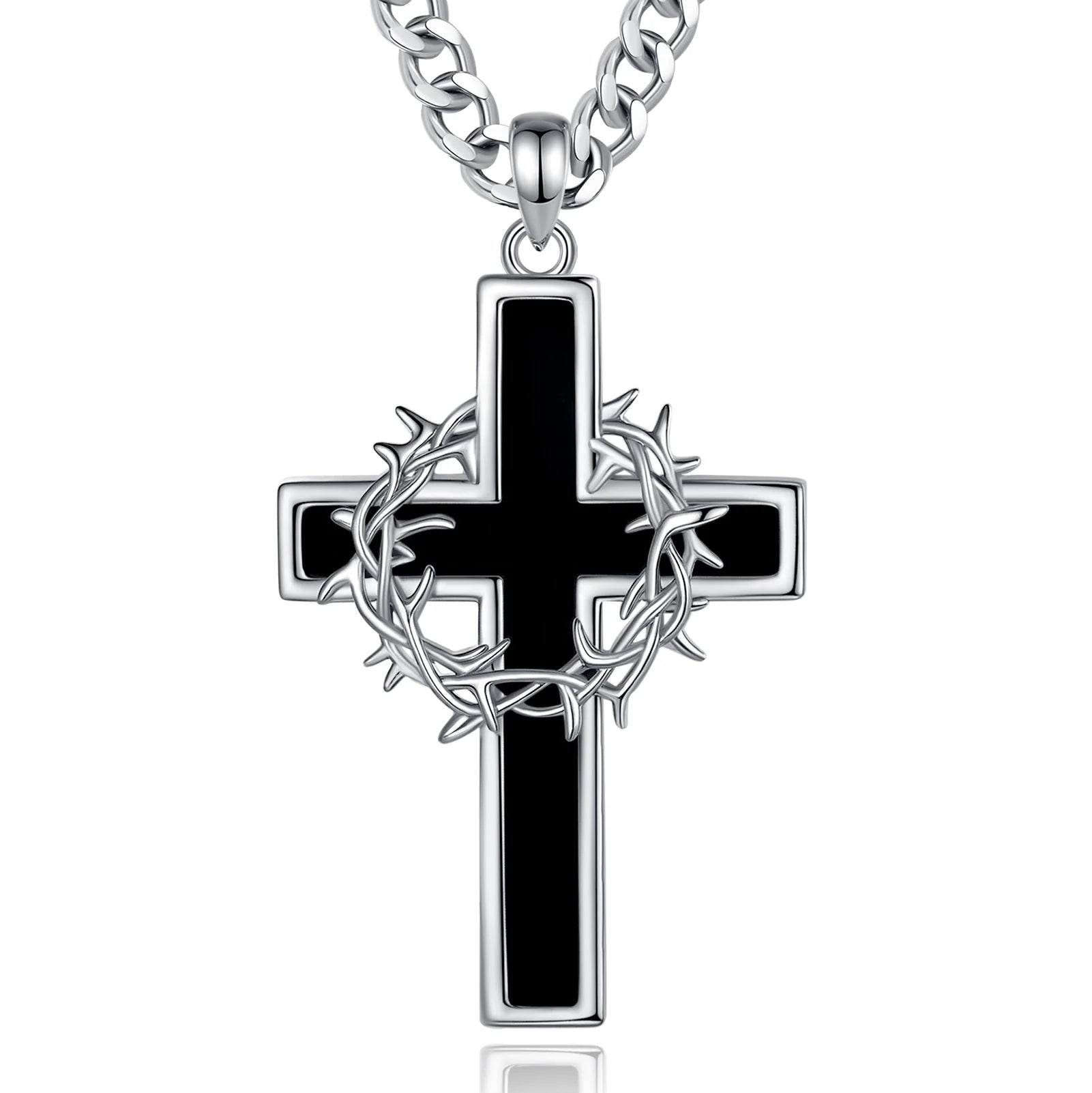 Silver Plated Vintage Oxidized Crown of Thorns Cross Pendant Obsidian-Inserts Christian Spiritual Religious Gift Jewelry