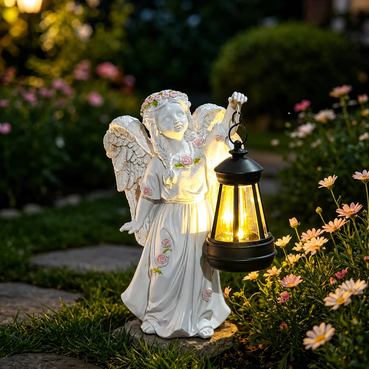 Solar Angel Lantern Garden Statue Outdoor Waterproof LED Resin Figurine Decorative Lawn Yard Light MegaBDM