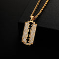 Luxury Glamorous HipHop Stainless Steel Gold Plated Razor Blade Pendant with Sparkling Rhinestones for Unique Waterproof Jewelry