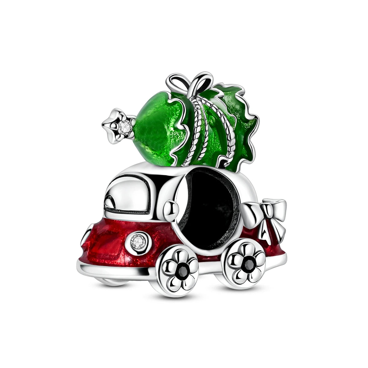 Christmas Series - Silver Fashion Christmas Tree Car Beads Charms Pendant with Zircon for Women's Party Gift