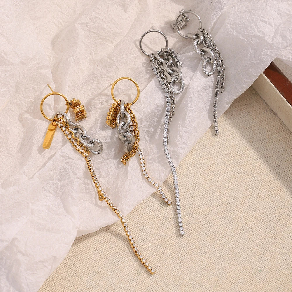 Dreamshow Zircon Jewelry Tassel Earrings 18k Gold Plated Jewelry Stainless Steel Hoop Earring