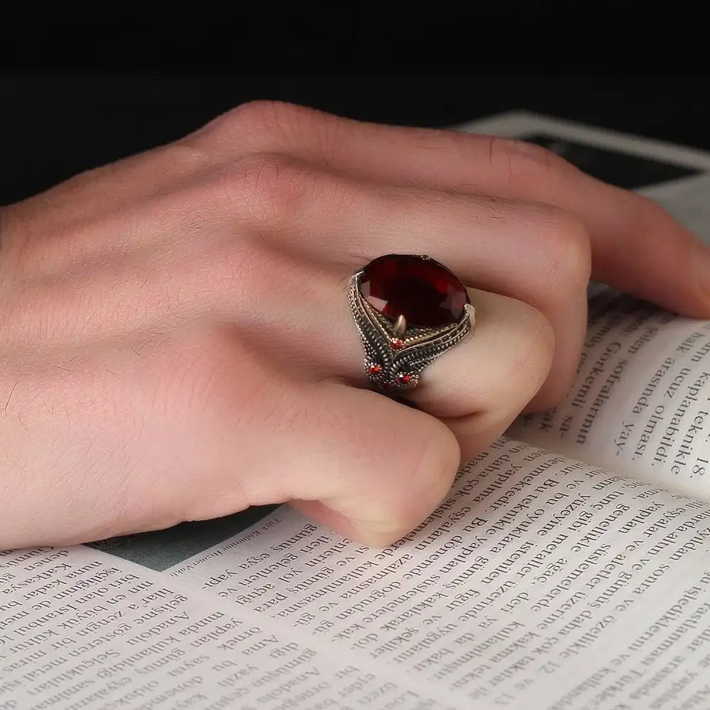 Azuris Turkish 925 Sterling Silver Men's Ring Ottoman Style Fashion Jewelry with Natural Stone Black Color VALKH1374